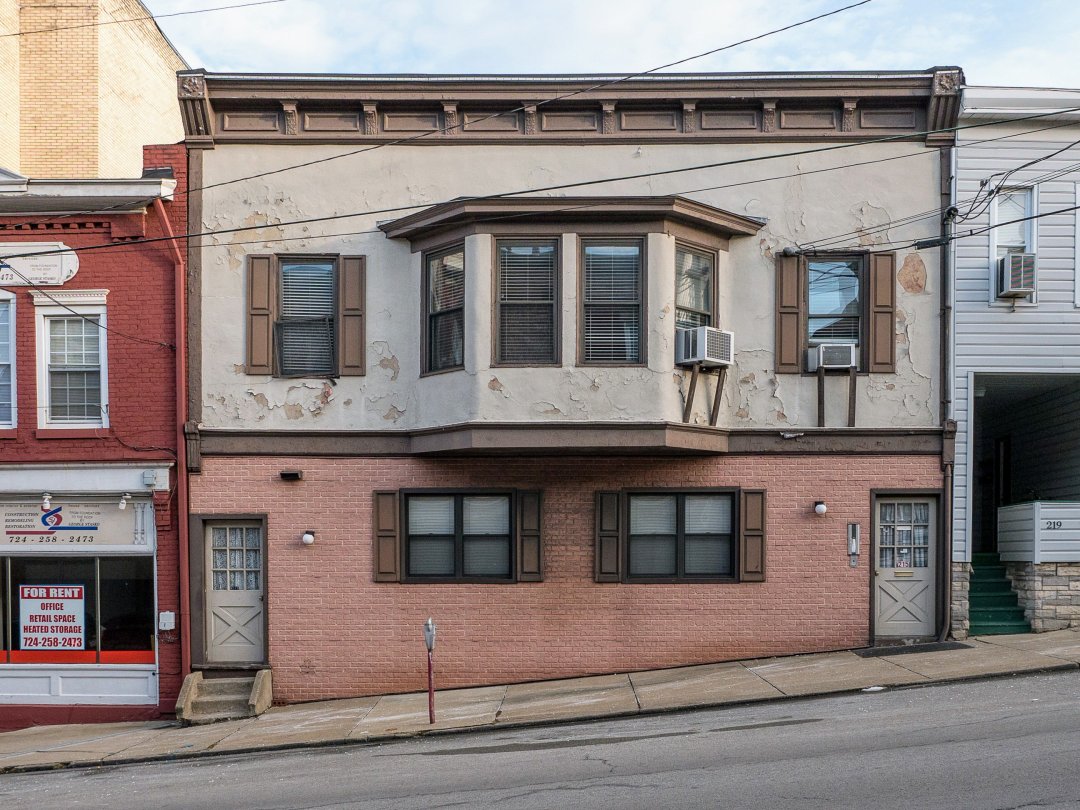Photo of building at 213 - 215 Second Street, Monongahela, Pa. 15063 along rt 88 and rt 136. Photo property of the Monongahela Main Street Program.